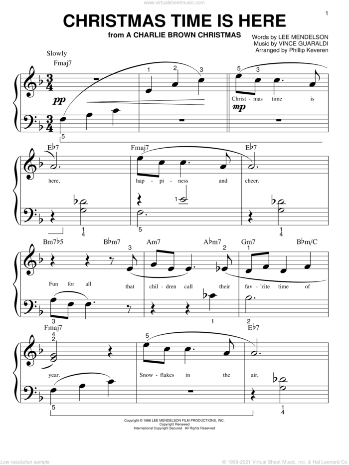 Christmas Time Is Here (arr. Phillip Keveren) sheet music for piano solo (big note book) by Vince Guaraldi, Phillip Keveren and Lee Mendelson, easy piano (big note book)