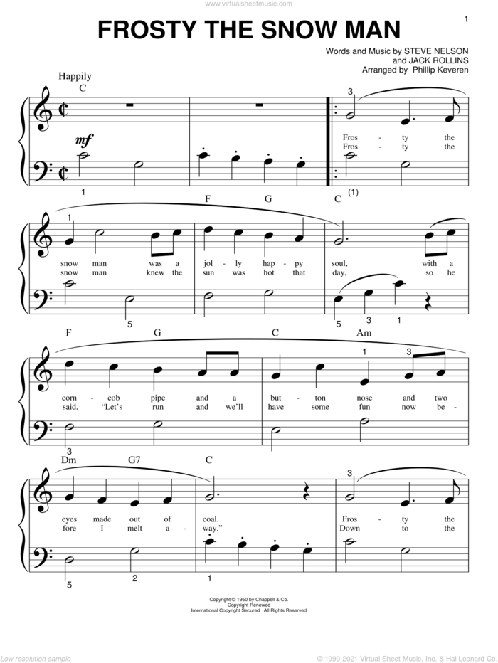Frosty The Snow Man (arr. Phillip Keveren) sheet music for piano solo (big note book) by Gene Autry, Phillip Keveren, Jack Rollins and Steve Nelson, easy piano (big note book)