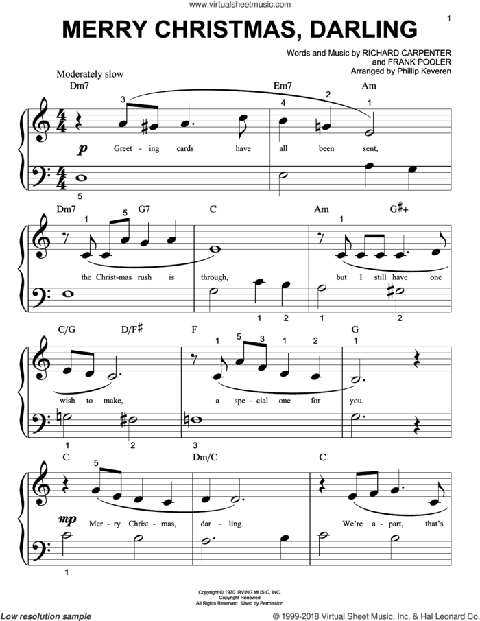 Merry Christmas, Darling (arr. Phillip Keveren) sheet music for piano solo (big note book) by Carpenters, Phillip Keveren, Frank Pooler and Richard Carpenter, easy piano (big note book)