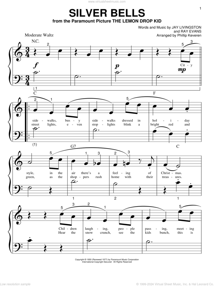 Silver Bells (arr. Phillip Keveren) sheet music for piano solo (big note book) by Jay Livingston, Phillip Keveren and Ray Evans, easy piano (big note book)