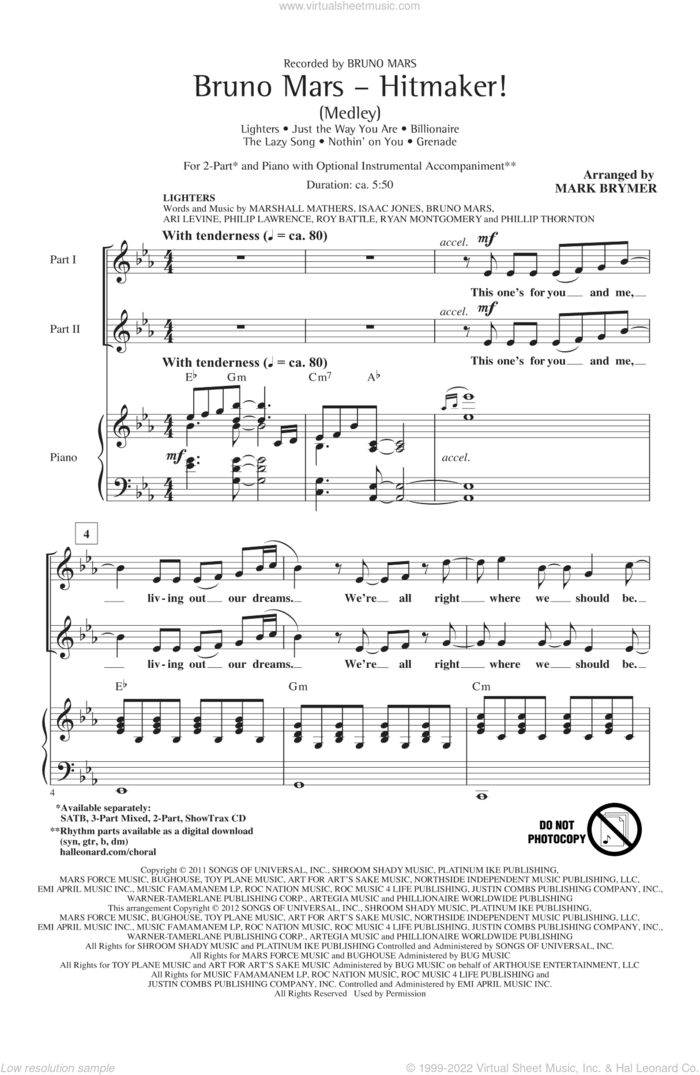 Bruno Mars: Hitmaker! (Medley) sheet music for choir (2-Part) by Mark Brymer and Bruno Mars, intermediate duet