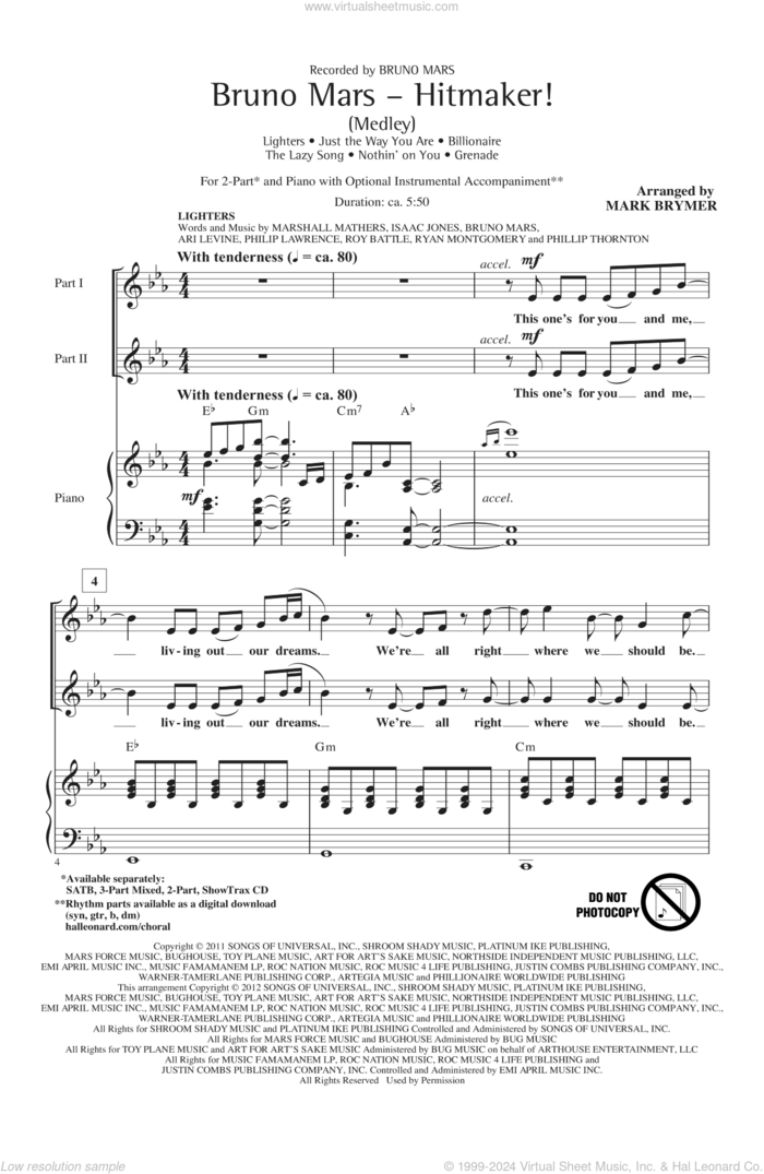 Bruno Mars: Hitmaker! (Medley) sheet music for choir (2-Part) by Mark Brymer and Bruno Mars, intermediate duet