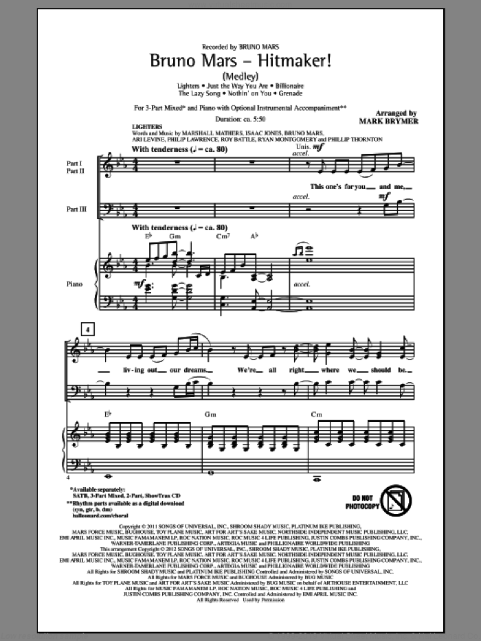 Bruno Mars: Hitmaker! (Medley) sheet music for choir (3-Part Mixed) by Mark Brymer and Bruno Mars, intermediate skill level