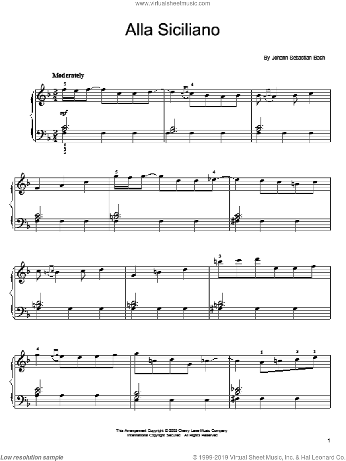 Alla Siciliano sheet music for piano solo by Johann Sebastian Bach, classical score, easy skill level