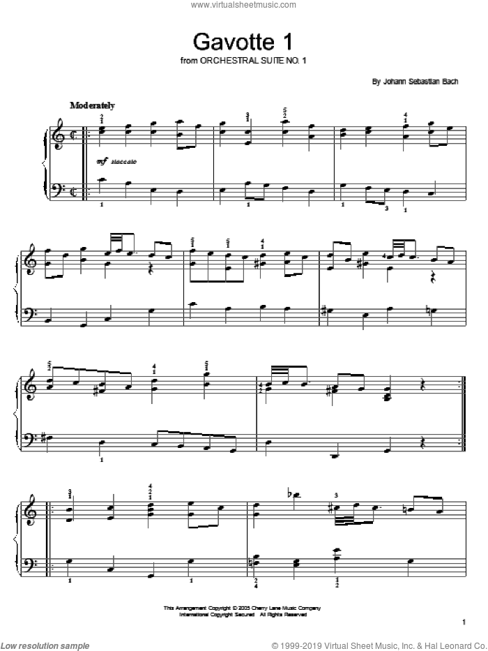 Gavotte 1 sheet music for piano solo by Johann Sebastian Bach, classical score, easy skill level