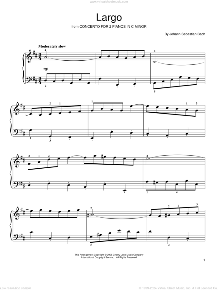 Largo (from 'Concerto for 2 Pianos in C Minor') sheet music for piano solo by Johann Sebastian Bach, classical score, easy skill level