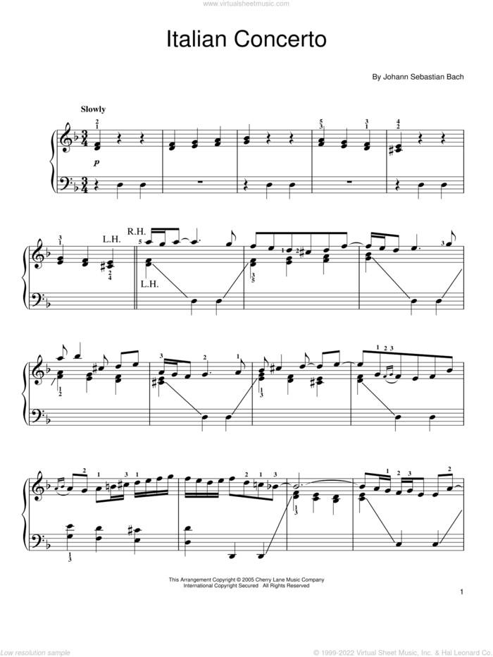 Italian Concerto In F sheet music for piano solo by Johann Sebastian Bach, classical score, easy skill level