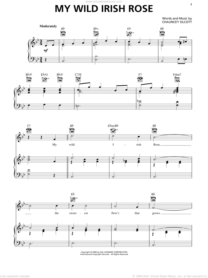 My Wild Irish Rose sheet music for voice, piano or guitar by Chauncey Olcott, intermediate skill level