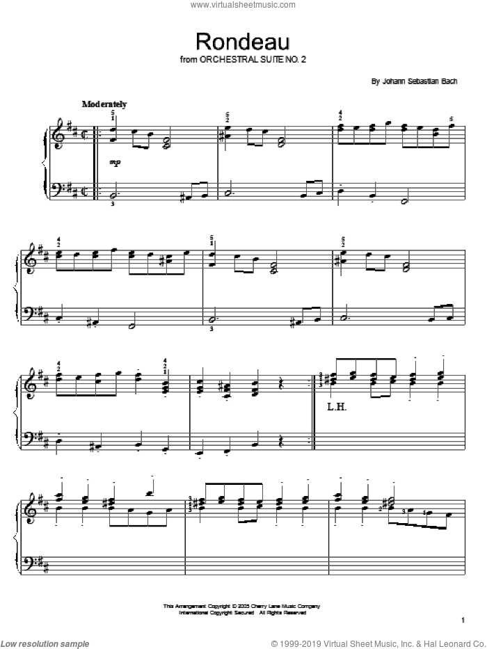 Rondeau sheet music for piano solo by Johann Sebastian Bach, classical score, easy skill level