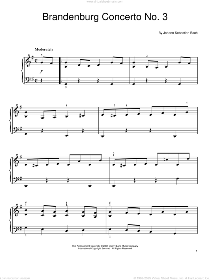 Brandenburg Concerto No. 3 (First Movement Theme) sheet music for piano solo by Johann Sebastian Bach, classical score, easy skill level