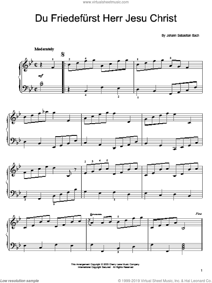 Du Friedefurst Herr Jesu Christ sheet music for piano solo by Johann Sebastian Bach, classical score, easy skill level