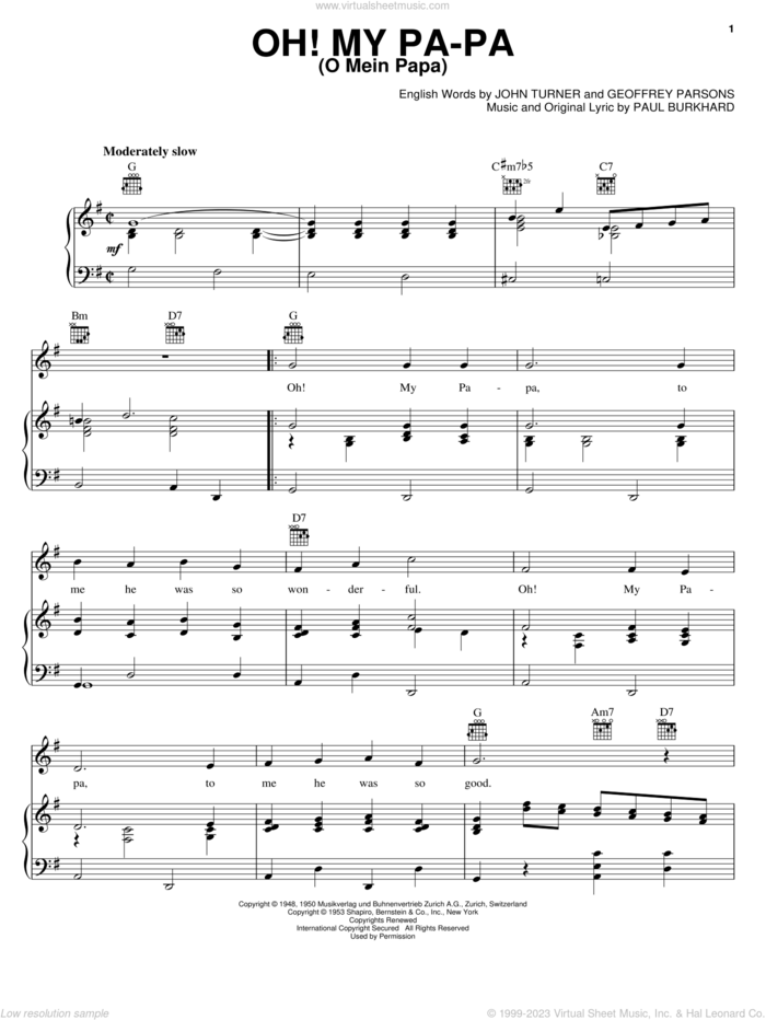 Oh! My Pa-Pa (O Mein Papa) sheet music for voice, piano or guitar by Geoffrey Parsons, Eddie Fisher, John Turner and Paul Burkhard, intermediate skill level
