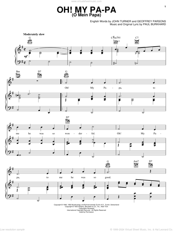 Oh! My Pa-Pa (O Mein Papa) sheet music for voice, piano or guitar by Geoffrey Parsons, Eddie Fisher, John Turner and Paul Burkhard, intermediate skill level