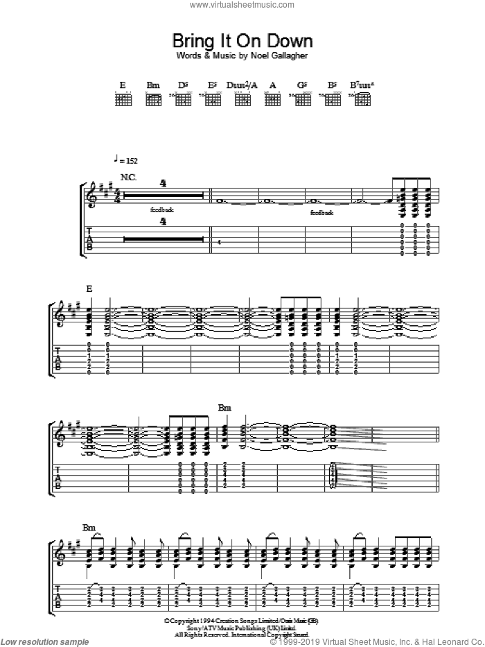 Bring It On Down sheet music for guitar (tablature) by Oasis and Noel Gallagher, intermediate skill level