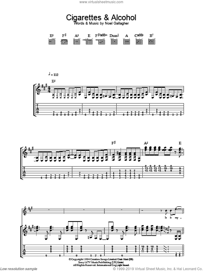 Cigarettes and Alcohol sheet music for guitar (tablature) by Oasis and Noel Gallagher, intermediate skill level