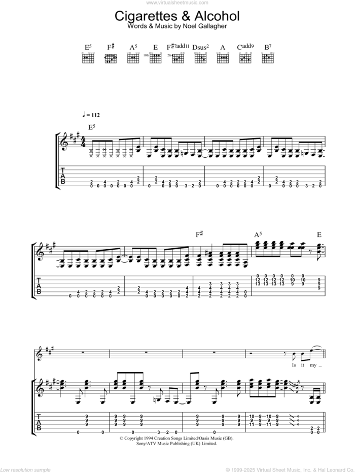 Cigarettes and Alcohol sheet music for guitar (tablature) by Oasis and Noel Gallagher, intermediate skill level