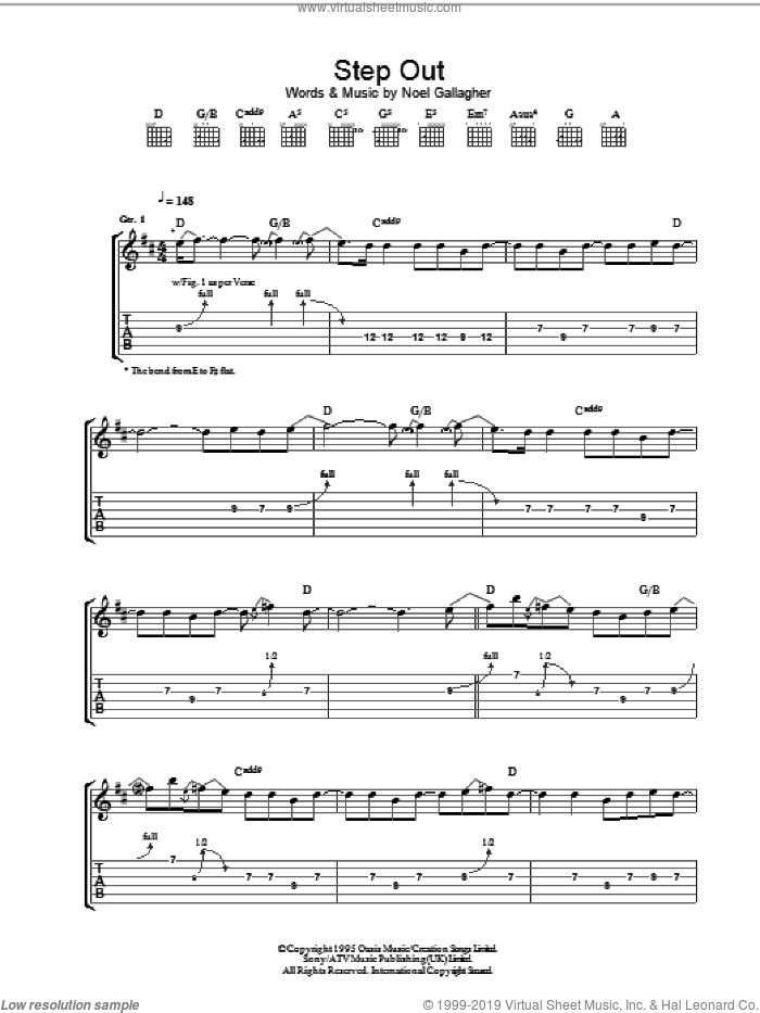Step Out sheet music for guitar (tablature) by Oasis and Noel Gallagher, intermediate skill level