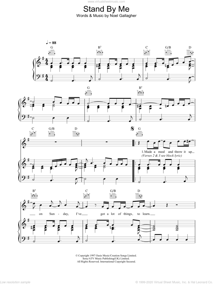 Stand By Me sheet music for voice, piano or guitar by Oasis and Noel Gallagher, intermediate skill level