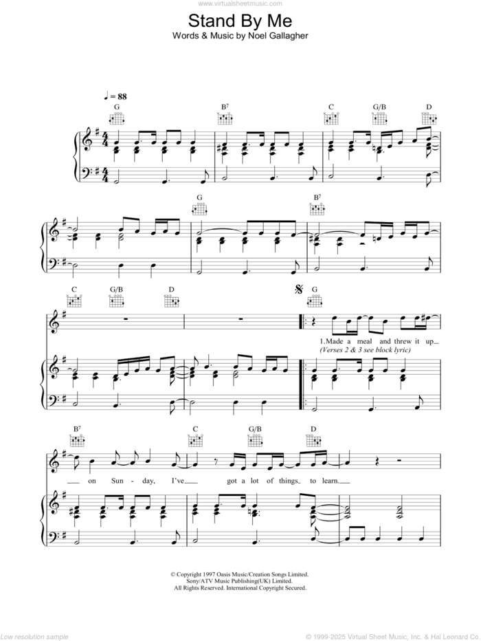 Stand By Me sheet music for voice, piano or guitar by Oasis and Noel Gallagher, intermediate skill level