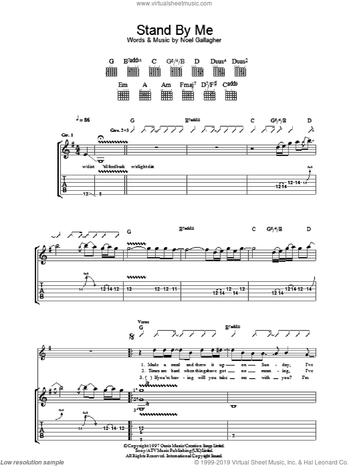 Stand By Me sheet music for guitar (tablature) by Oasis and Noel Gallagher, intermediate skill level