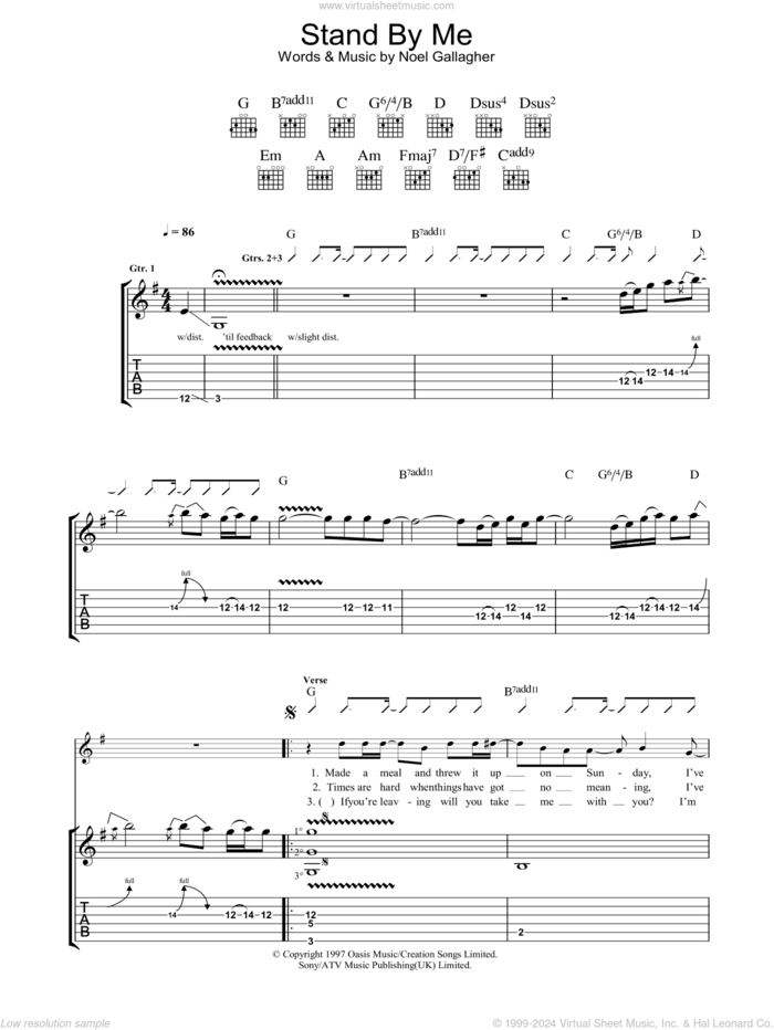 Stand By Me sheet music for guitar (tablature) by Oasis and Noel Gallagher, intermediate skill level