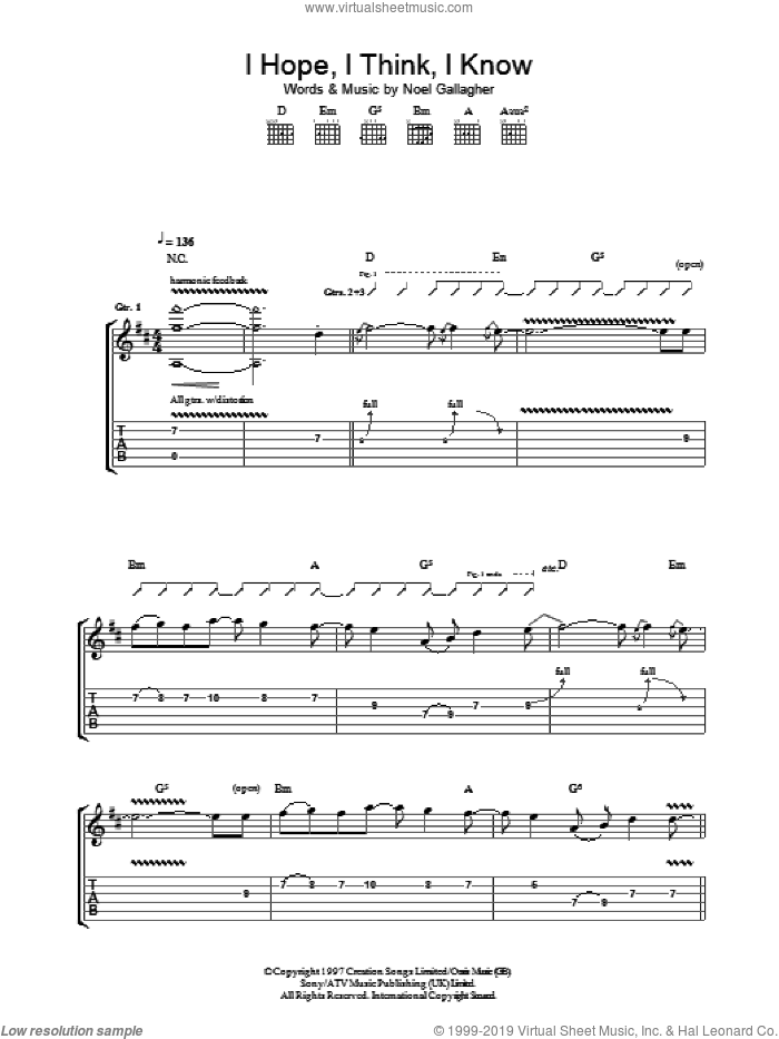 I Hope, I Think, I Know sheet music for guitar (tablature) by Oasis and Noel Gallagher, intermediate skill level