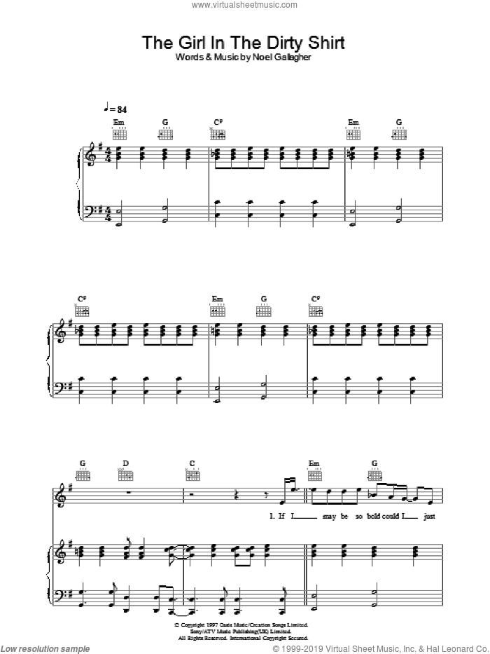 The Girl In The Dirty Shirt sheet music for voice, piano or guitar by Oasis and Noel Gallagher, intermediate skill level