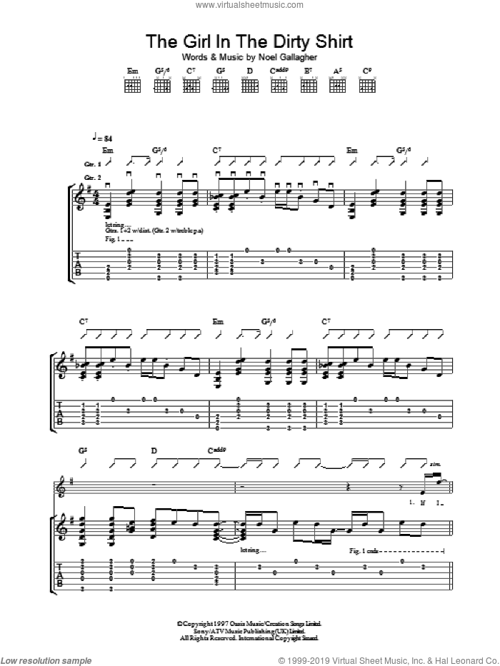 The Girl In The Dirty Shirt sheet music for guitar (tablature) by Oasis and Noel Gallagher, intermediate skill level