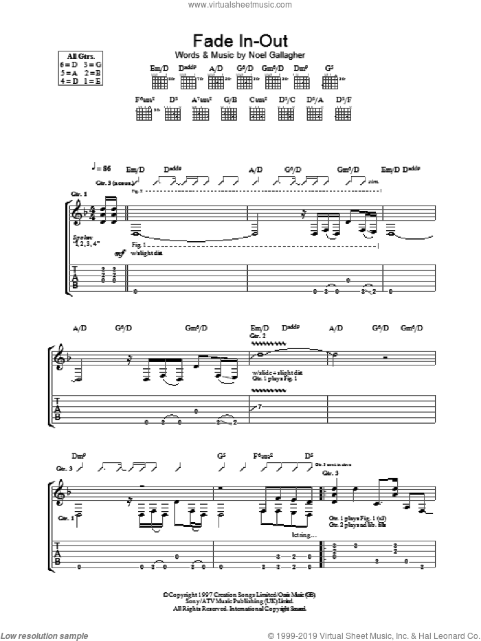 Fade In-Out sheet music for guitar (tablature) by Oasis and Noel Gallagher, intermediate skill level