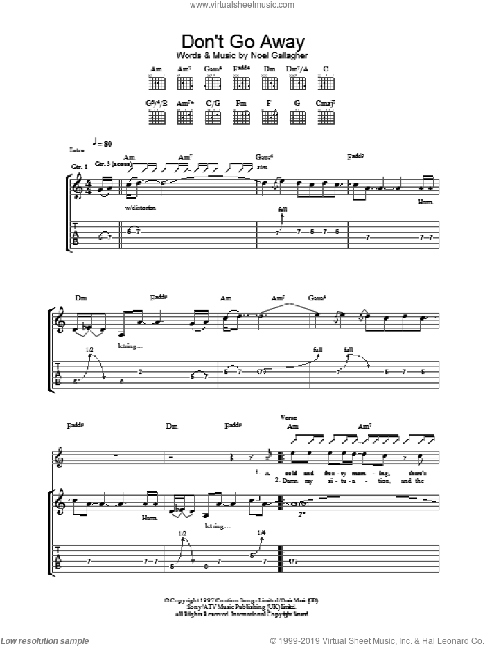 Don't Go Away sheet music for guitar (tablature) by Oasis and Noel Gallagher, intermediate skill level