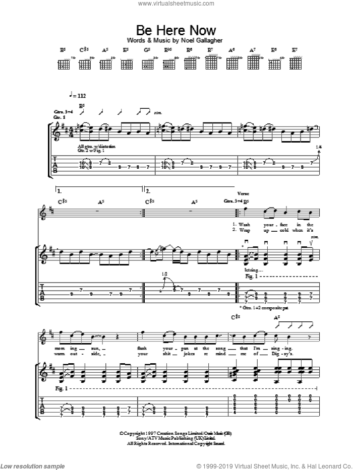 Be Here Now sheet music for guitar (tablature) by Oasis and Noel Gallagher, intermediate skill level