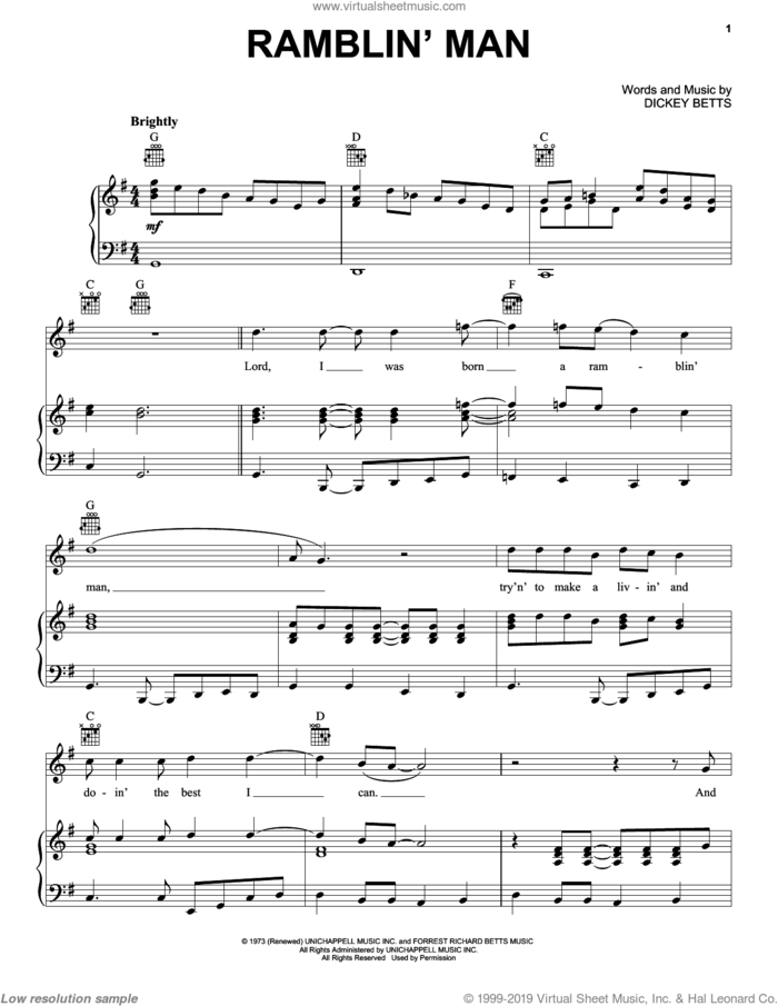 Ramblin' Man sheet music for voice, piano or guitar by Allman Brothers Band, The Allman Brothers Band and Dickey Betts, intermediate skill level