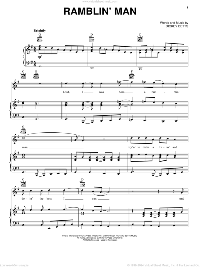 Ramblin' Man sheet music for voice, piano or guitar by Allman Brothers Band, The Allman Brothers Band and Dickey Betts, intermediate skill level