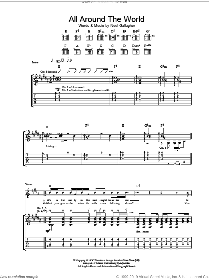 All Around The World sheet music for guitar (tablature) by Oasis and Noel Gallagher, intermediate skill level