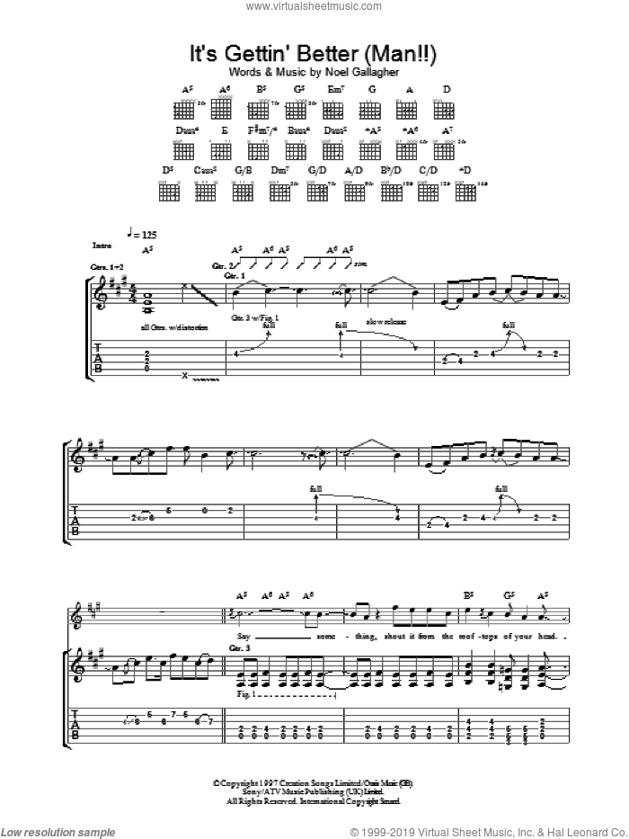 It's Gettin' Better (Man!!) sheet music for guitar (tablature) by Oasis and Noel Gallagher, intermediate skill level