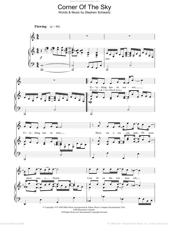 Corner Of The Sky (from Pippin) sheet music for voice, piano or guitar by Stephen Schwartz, intermediate skill level