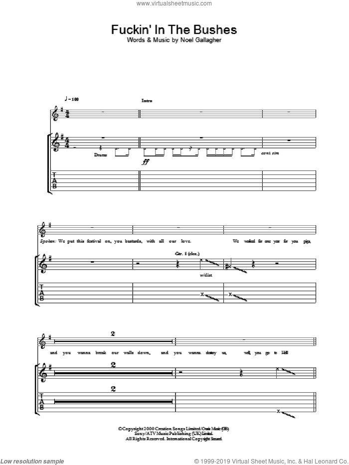 F***in' In The Bushes sheet music for guitar (tablature) by Oasis and Noel Gallagher, intermediate skill level