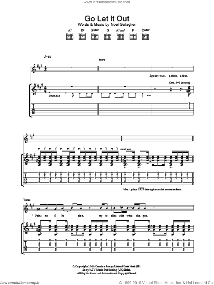 Go Let It Out sheet music for guitar (tablature) by Oasis and Noel Gallagher, intermediate skill level