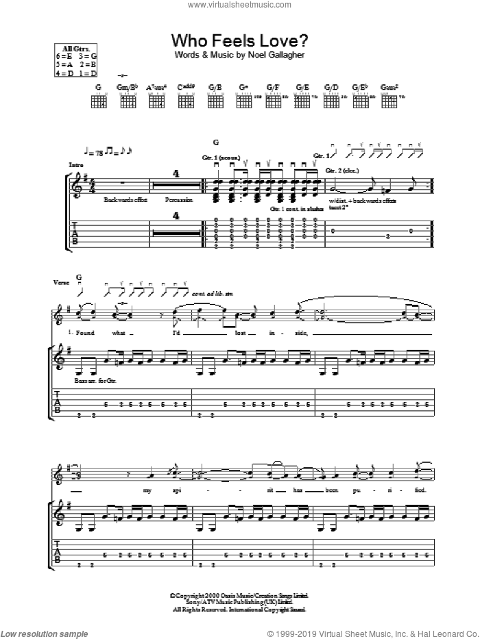 Who Feels Love? sheet music for guitar (tablature) by Oasis and Noel Gallagher, intermediate skill level