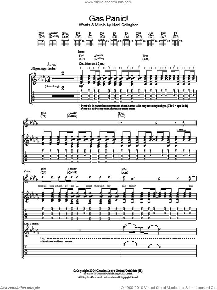 Gas Panic! sheet music for guitar (tablature) by Oasis and Noel Gallagher, intermediate skill level