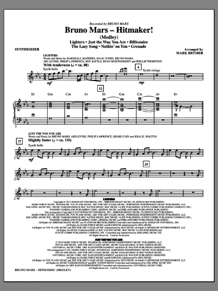 Bruno Mars: Hitmaker! (Medley) (complete set of parts) sheet music for orchestra/band (Rhythm) by Mark Brymer and Bruno Mars, intermediate skill level