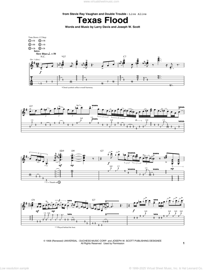 Texas Flood sheet music for guitar (tablature) by Stevie Ray Vaughan, Josey Scott and Larry Davis, intermediate skill level