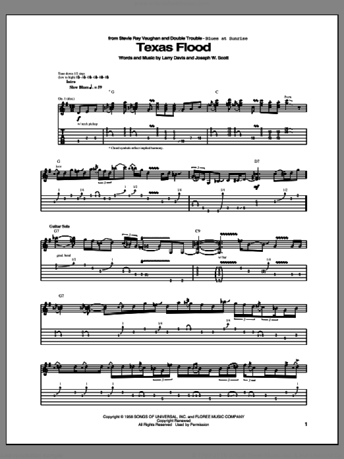 Texas Flood sheet music for guitar (tablature) by Stevie Ray Vaughan, Double Trouble, Josey Scott and Larry Davis, intermediate skill level