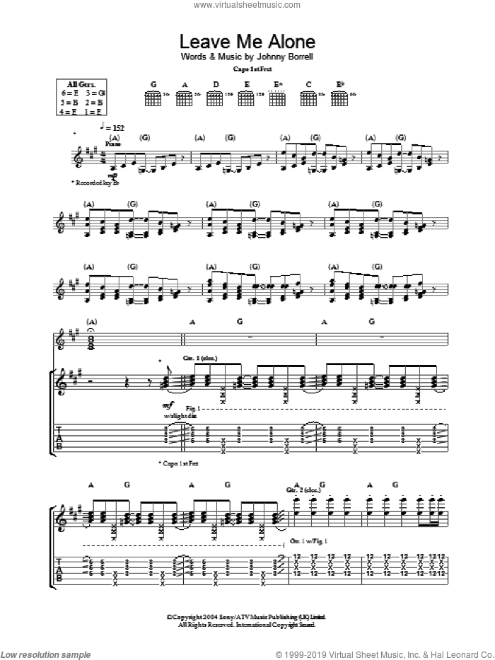 Leave Me Alone sheet music for guitar (tablature) by Razorlight and Johnny Borrell, intermediate skill level