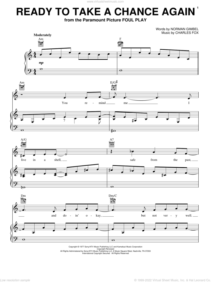 Ready To Take A Chance Again (Love Theme) (from Foul Play) sheet music for voice, piano or guitar by Barry Manilow, Charles Fox and Norman Gimbel, intermediate skill level