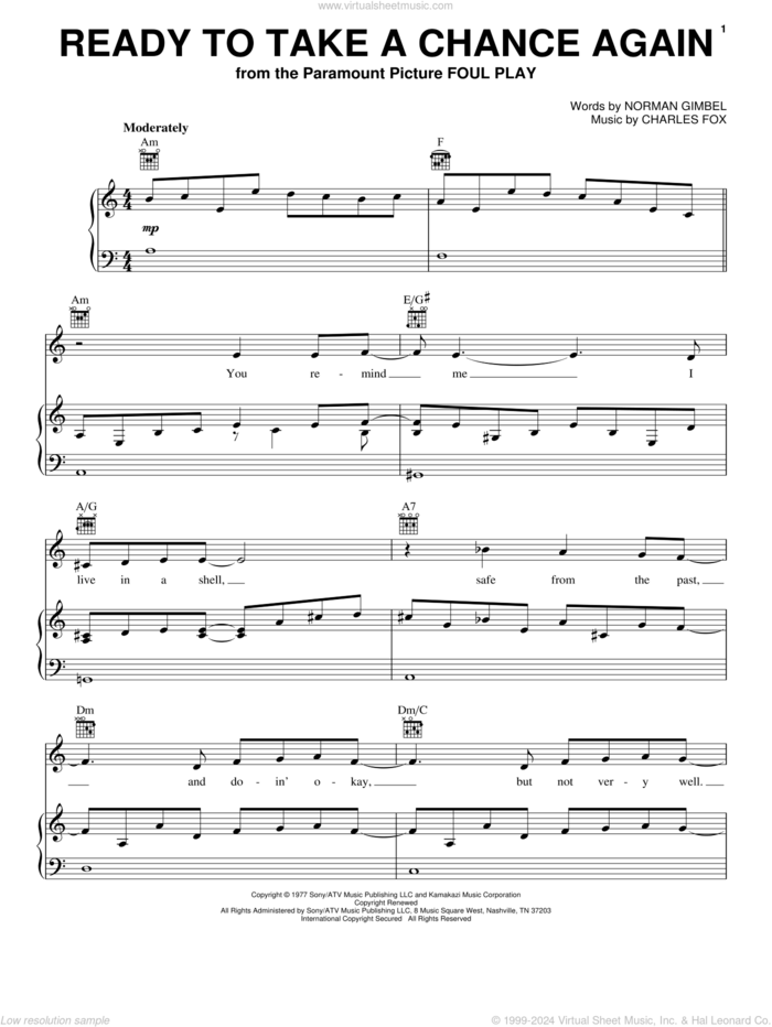 Ready To Take A Chance Again (Love Theme) (from Foul Play) sheet music for voice, piano or guitar by Barry Manilow, Charles Fox and Norman Gimbel, intermediate skill level