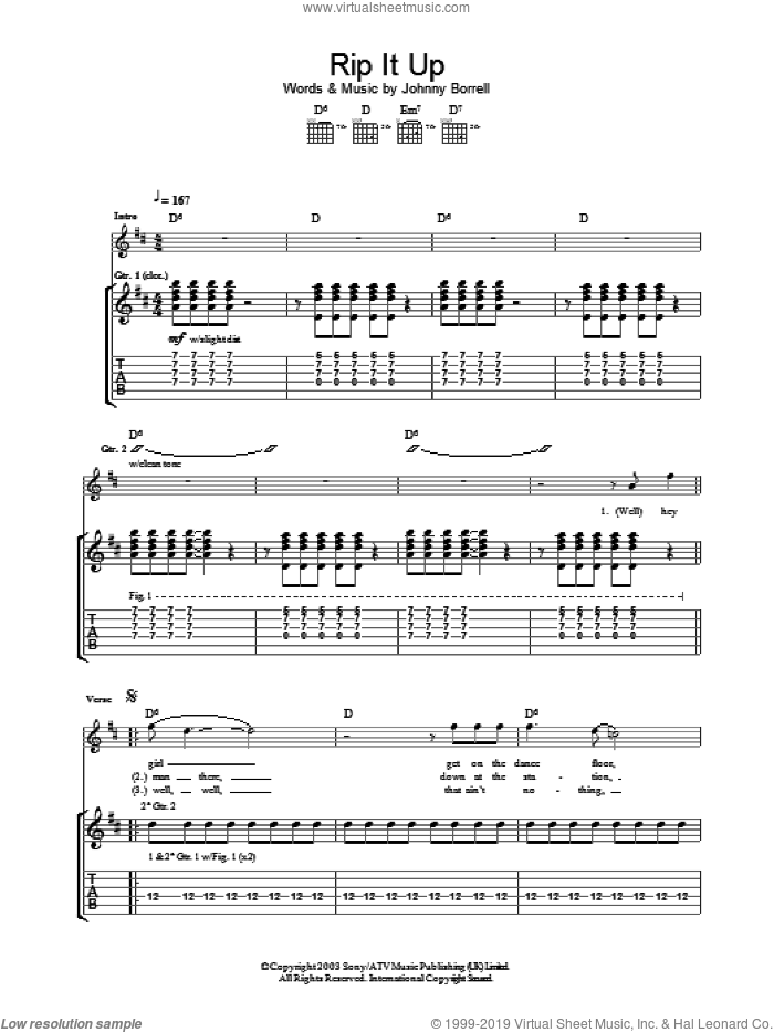 Rip It Up sheet music for guitar (tablature) by Razorlight and Johnny Borrell, intermediate skill level