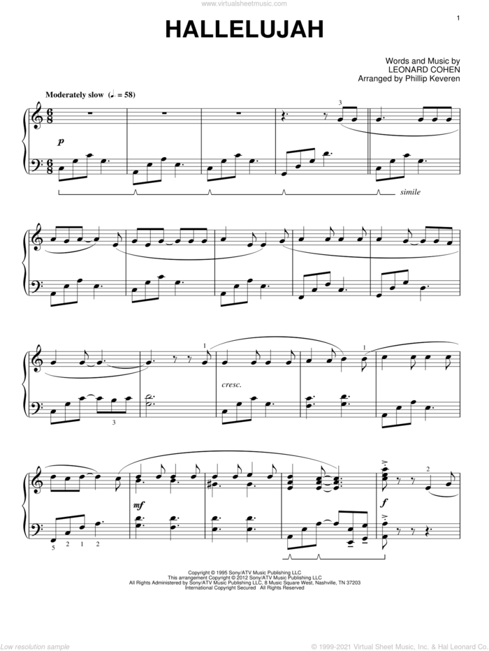 Hallelujah (arr. Phillip Keveren) sheet music for piano solo by Leonard Cohen, Phillip Keveren and Lee DeWyze, intermediate skill level