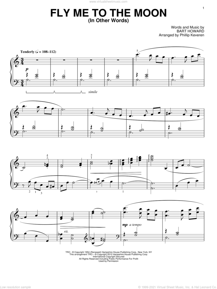 Fly Me To The Moon (In Other Words) (arr. Phillip Keveren) sheet music for piano solo by Tony Bennett, Phillip Keveren and Bart Howard, wedding score, intermediate skill level