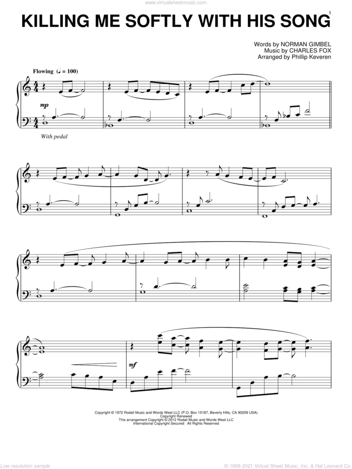 Killing Me Softly With His Song (arr. Phillip Keveren) sheet music for piano solo by Roberta Flack, Phillip Keveren, Charles Fox and Norman Gimbel, intermediate skill level